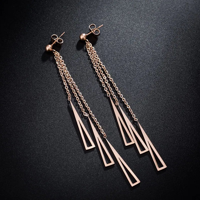 

New Fashion Super Long Thin Triangle Tassel Dangle Earrings For Women Classic Rose Gold Titanium Steel Wedding Earrings RN01196