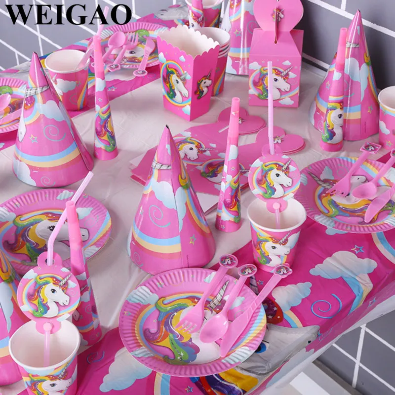 WEIGAO Pink White Unicorn Theme Party Sets Kids Birthday Party Supplies Unicorn Tableware Banner Baby Shower