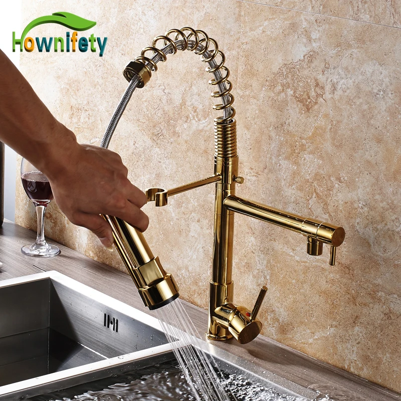 

Luxury Golden Polished Spring Kitchen Sink Faucet Single Lever Pull Out Mixer Tap Deck Mount