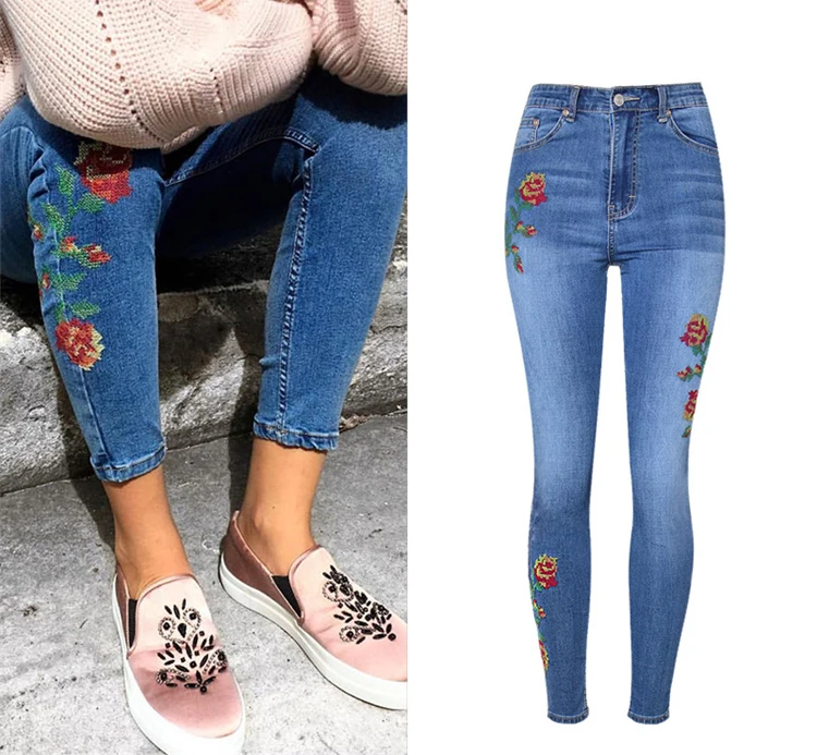 2017 European and American women's high waist elastic front and rear side of the cross embroidery roses washed cat to be cowboy pants pants pants (5)
