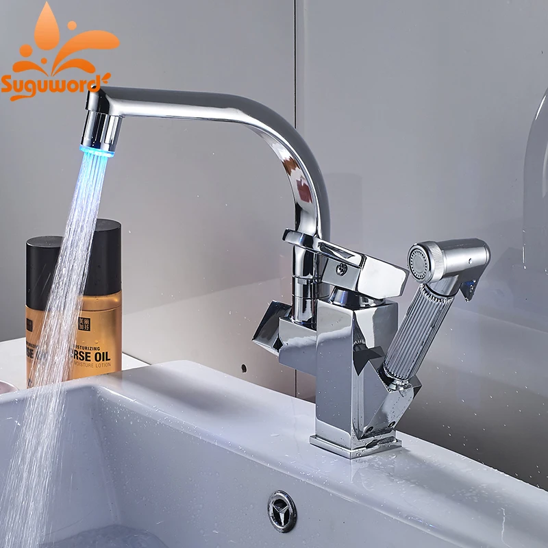 

Kitchen LED Faucet 360 Degree Rotation Chrome Sink Faucet Pull Out Faucets Hot and Cold Water Mixer Taps
