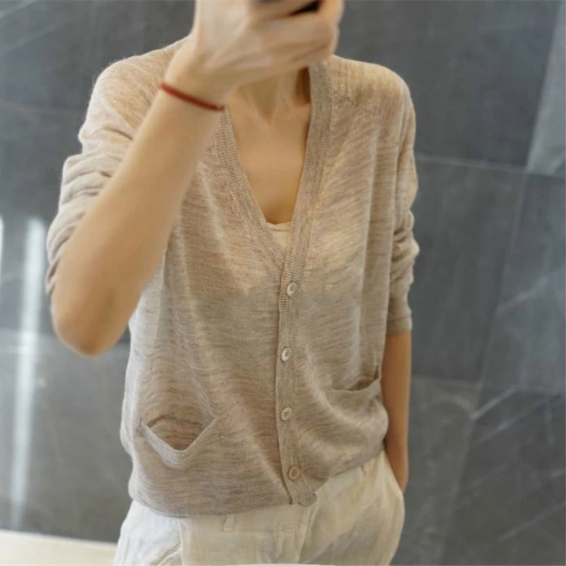 

Hot Spring and Autumn Women's V-neck Jacket Thin Knit Cardigan Short Long Sleeve Loose Sweater Solid Color Women's Sweater