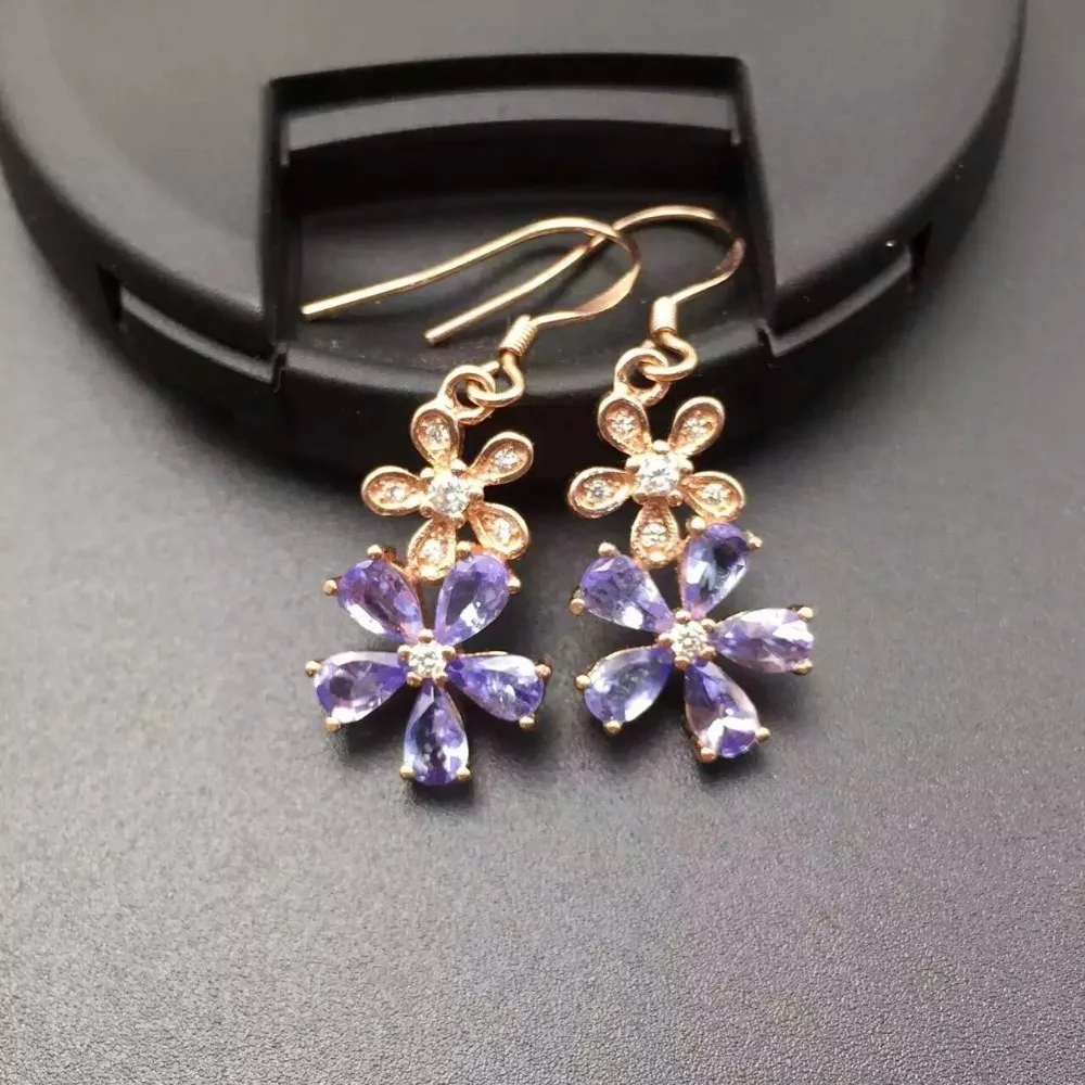 

natural blue tanzanite drop earrings 925 silver Natural gemstone earring women elegant fashion flower drop earrings for party