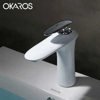 

OKAROS Modern Bathroom Basin Faucet White Baked Chrome Finish Single Handle Hot Cold Bath Water Mixer Sink Tap Crane M069-W
