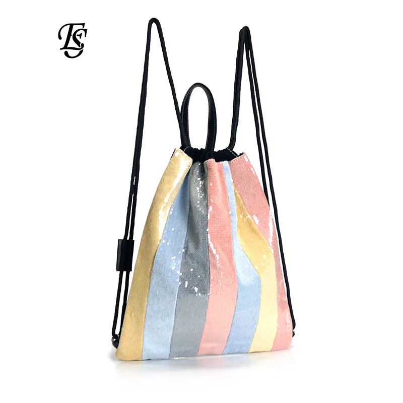 

E.SHUNFA brand new arrival rainbow female backpack fashion beads multicolor casual INS hot sale rope woman backpack