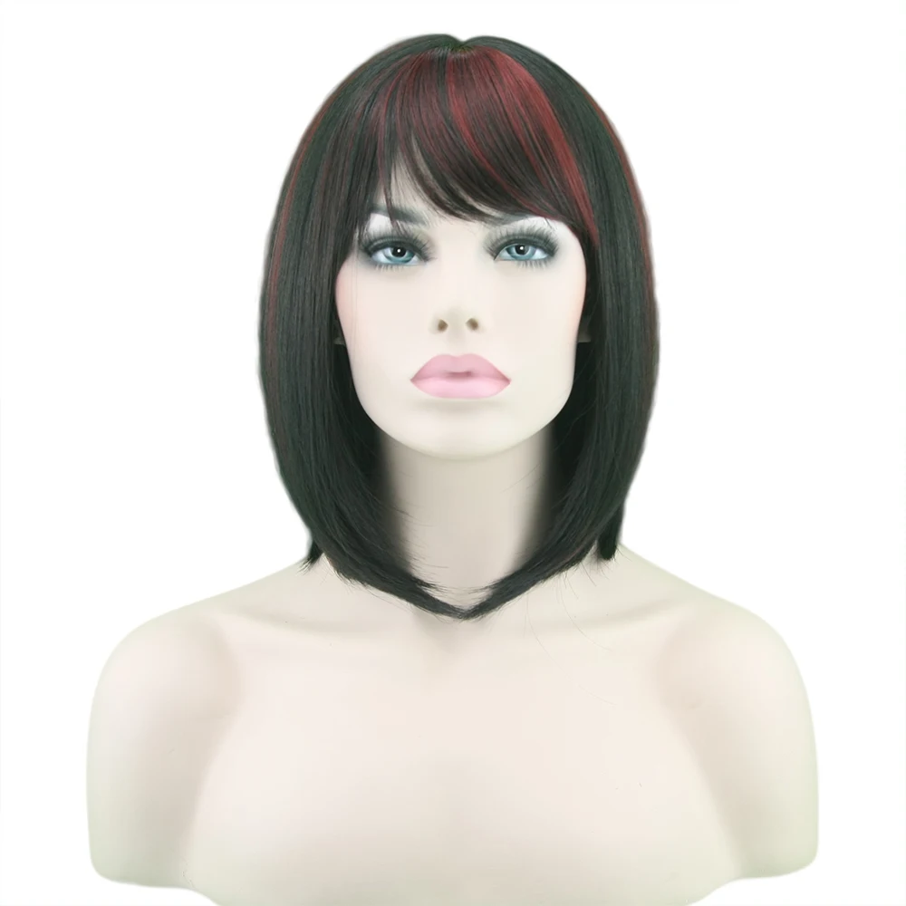 Короткие высокотемпературные волокна волос Косплей парики синтетические волосы термостойкие BOBO парик черный микс красный прямые волосы