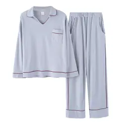 Пижамные комплекты Для женщин девушки 2019 Новый 2 шт с Пижама с карманом набор эластичный пояс Вязание Хлопок Lounge pijamas S86708