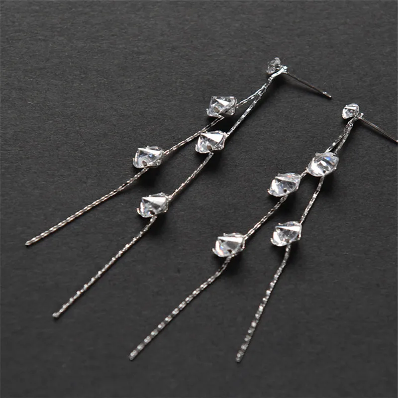 

925 Sterling silver Stud earrings Long ears line More than drill Women fashion jewelry