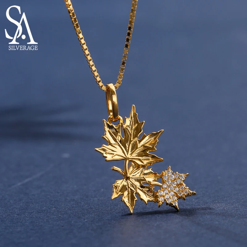 

SA SILVERAGE Real 925 Sterling Silver Yellow Gold Color Maple Leaf Pendant Necklaces Woman 925 Silver Zirconia Gold Necklace
