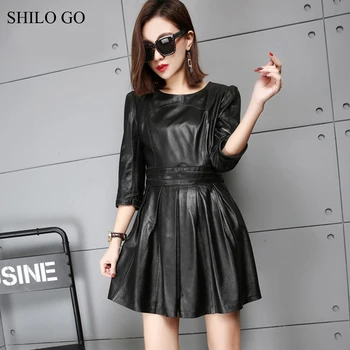 

SHILO GO Leather dress Womens Spring Fashion sheepskin genuine Leather dress O Neck half sleeve vintage A Line black dress