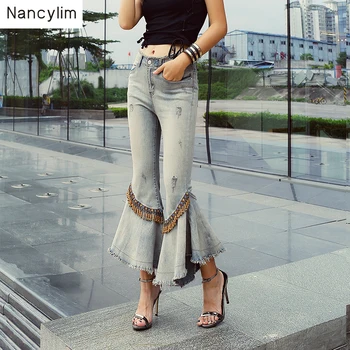 

European Style Loose Jeans Women New Worn Out Do Old Stretch Denim Pants Female Lady Tassels Body Horn Pants Jeans Nancylim