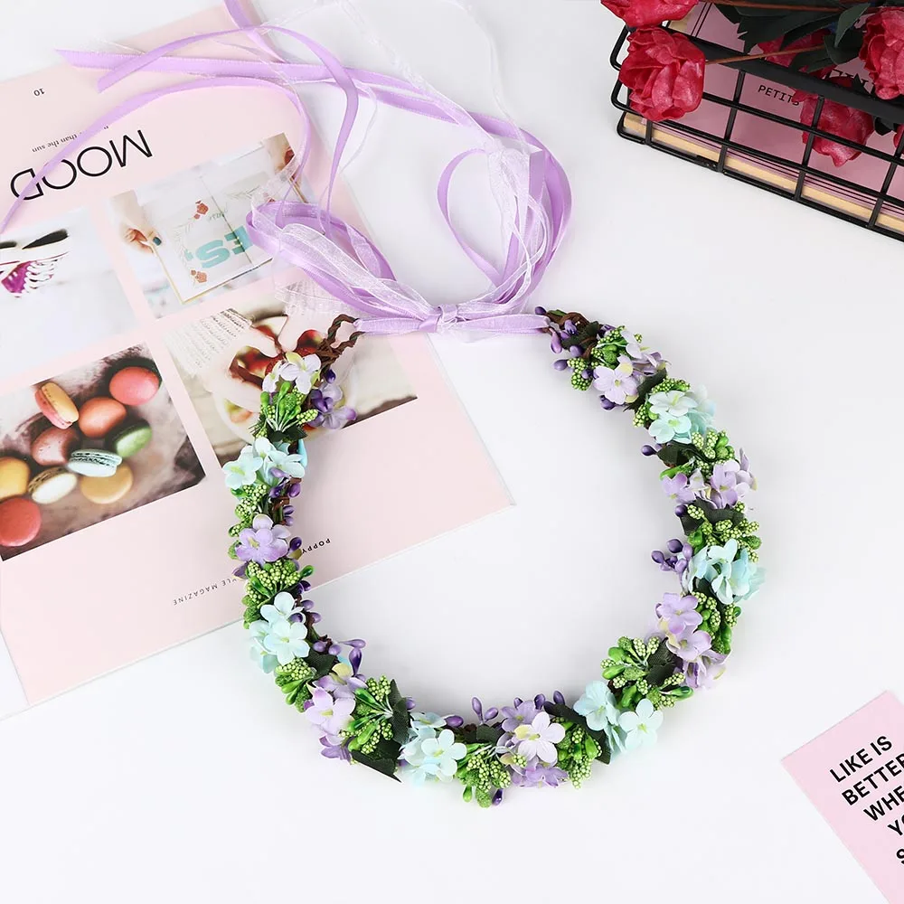 purple 1Pc Flower Wreath Bridal Bridesmaid Headband Hair Accessories Adjustable Garland Photo Headband Women Headdress Party Gift - Color: purple
