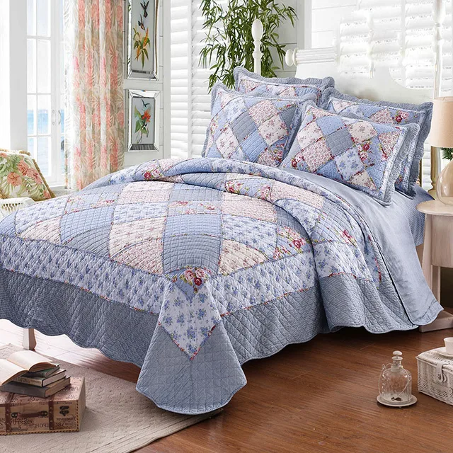 CHAUSUB Korean Patchwork Quilt Set 4PCS Floral Cotton Quilts Bedspread