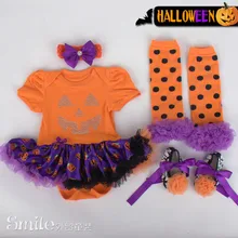 4PCS/0-12M/summer kids clothes 100% cotton Pumpkin Romper jumpsuit Headband shoes Tights halloween baby girl clothing set BC1311