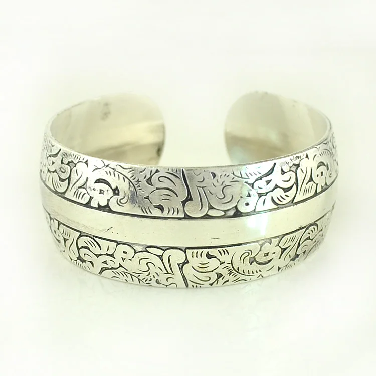 USA VINTAGE ALPACA MEXICO FLOWER STONE INLAY DESIGN BANGLE