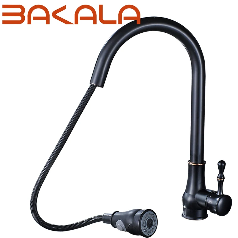 

BAKALA New 1 set BRASS Pull Out BLACK Kitchen Faucet Sink Mixer Tap Swivel Spout Sink Faucet Swivel Copper Kitchen Faucets tap