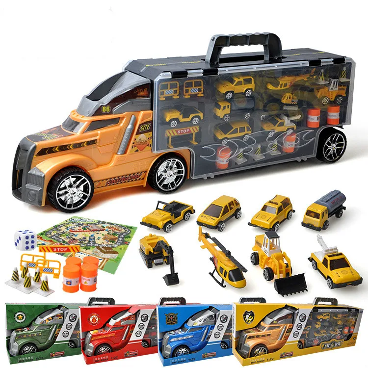 

54cm Fire Engineering Truck Model Set Military Political Car Portable Container Truck with 12pc Little Metal Car Model Toys 1:12