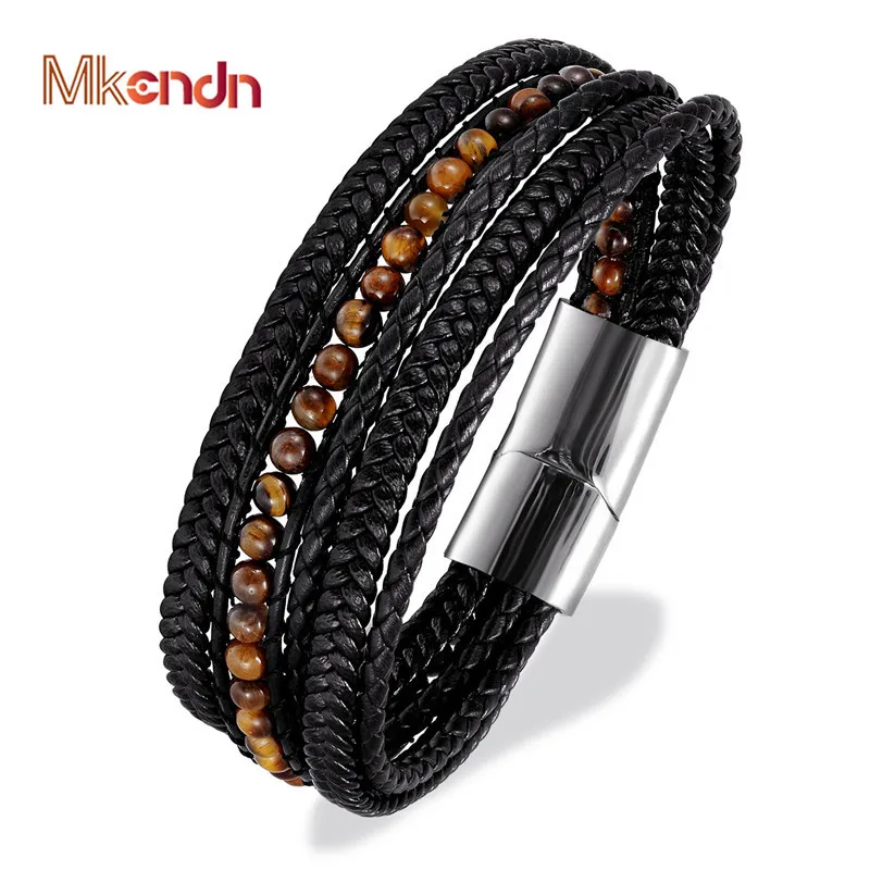

Vintage Male Black genuine Leather Bracelets 6mm Tiger Eyes Stone Wrap Bracelets Woven Multilayer Charm Bracelet luxury Jewelry