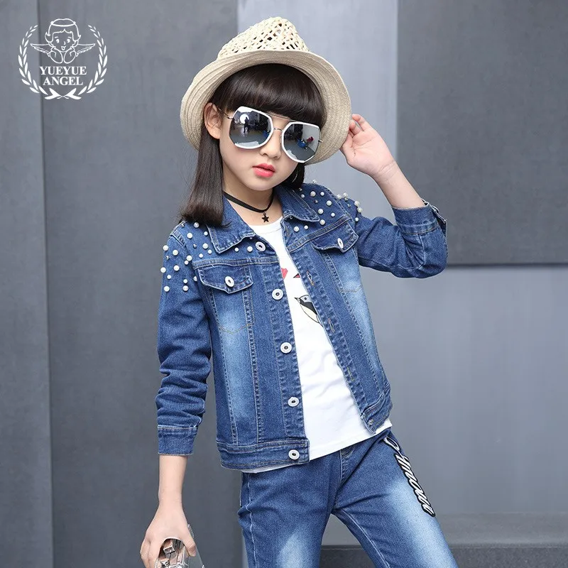 2018 New Spring Korean Style Denim Beading Coat+White Long Sleeve Printed Pattern Top+Letter Embroidery Jeans 3Pcs Girls Sets 