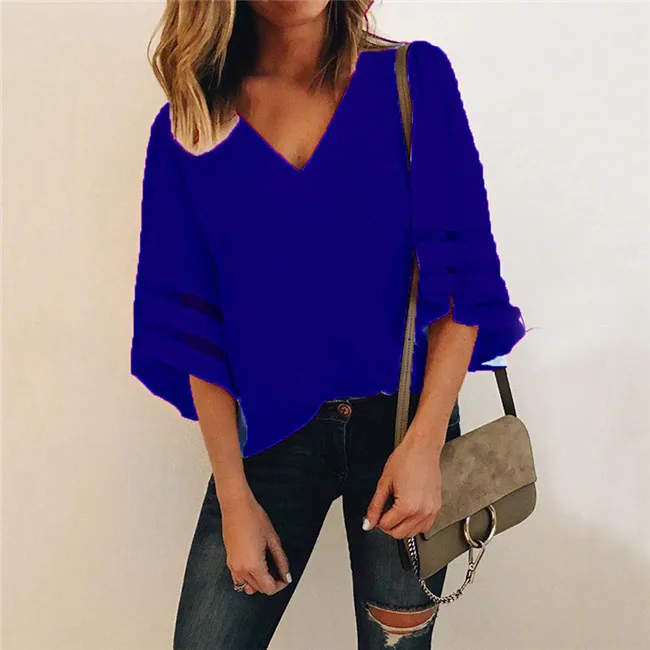 blouses & shirts Mesh Stitching Women Chiffon Blouse Shirt Sexy V Neck Casual Loose 3/4 Flare Sleeve Solid Summer Blusas Shirt Summer Female Tops long sleeve blouse Blouses & Shirts