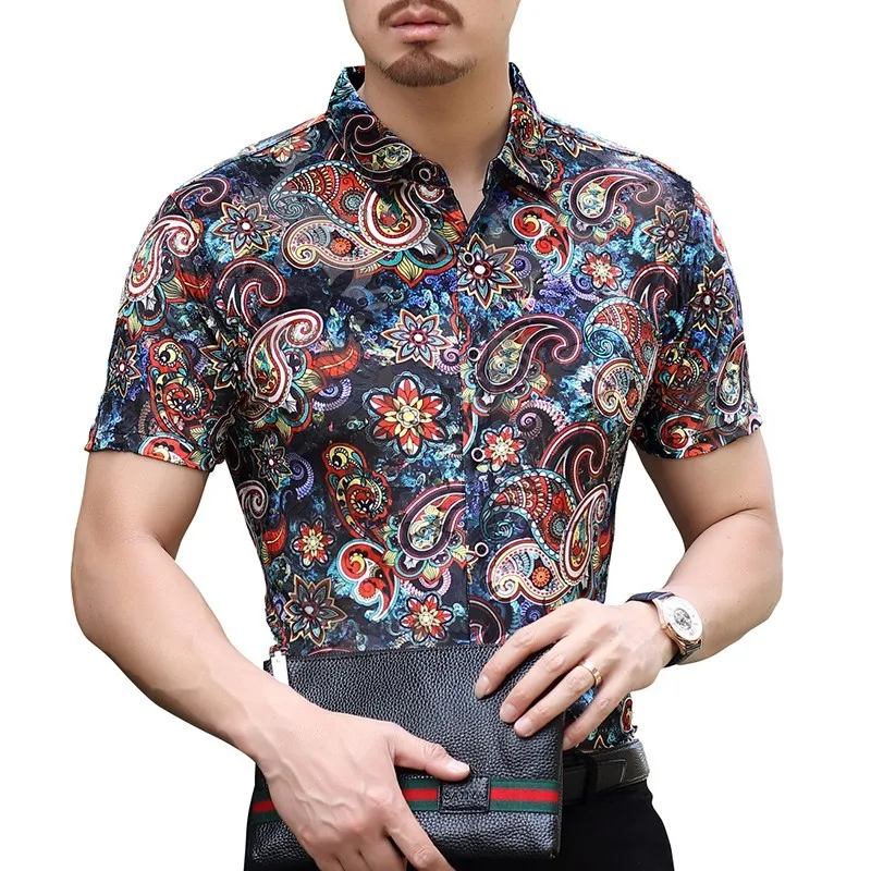 Red Flower Shirt Men Business Casual Short Sleeve Velvet Shirt 2018 ...