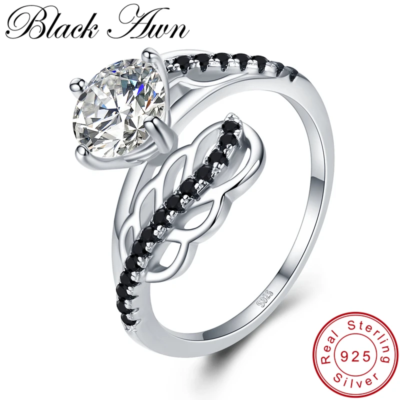 

[BLACK AWN] 925 Sterling Silver Jewelry Finger Ring Leaf Black Spinel Rings for Women Female Bague Silver 925 Jewelry G094
