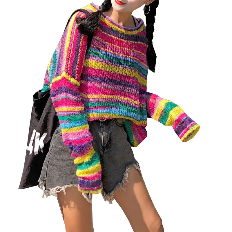 2018 Autumn ulzzang thin section New striped rainbow loose knit top Korean pop Harajuku casual pullover Hole women sweater 2018 Autumn ulzzang thin section New striped rainbow loose knit top Korean pop Harajuku casual pullover Hole women sweater