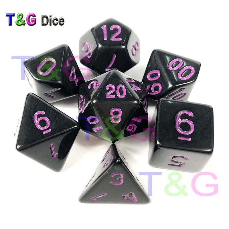 

T&G Best Deal 7pc/lot High Quality 14 color Black Dice D4,6,8,10,10%,12,20 Set Roll Game