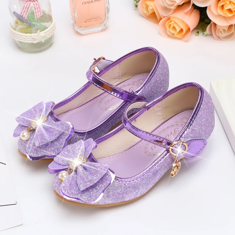 children's shoes High heels for girl Purple Bowtie Square Heel princess ...