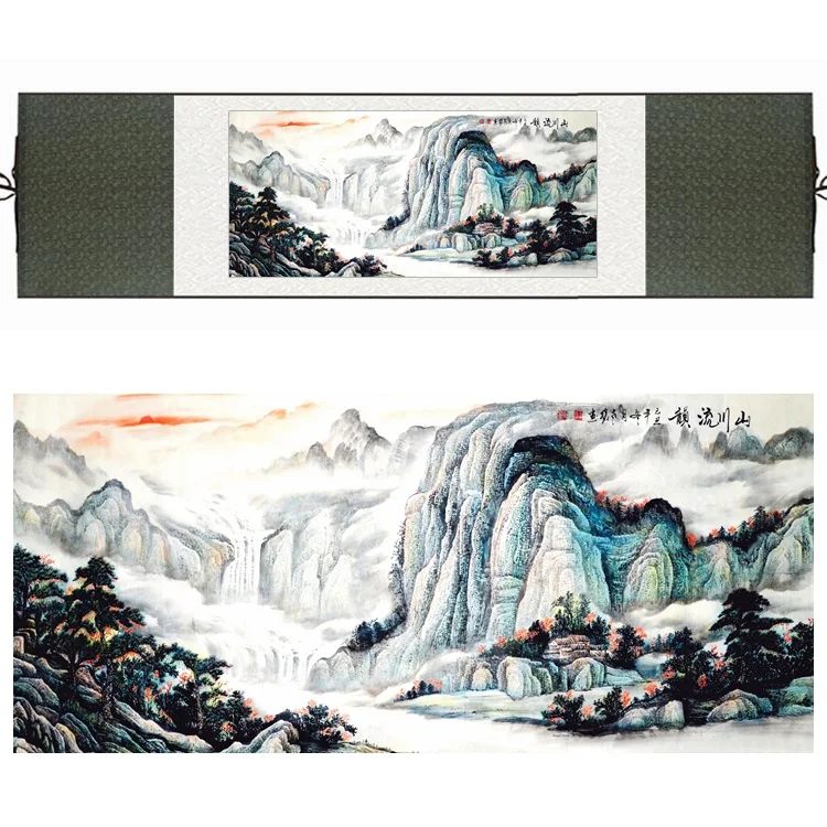 

Chinese Silk Watercolor Waterfall Mountain Pine Tree Sun Landscape Feng Shui canvas wall picture damask framed scroll painting