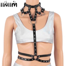 Iiniim Женская мода Панк Костюм из искусственной кожи шеи Связывание тела грудь ремни руки запястья ремни упряжки ремень Femme Сексуальная клубная одежда
