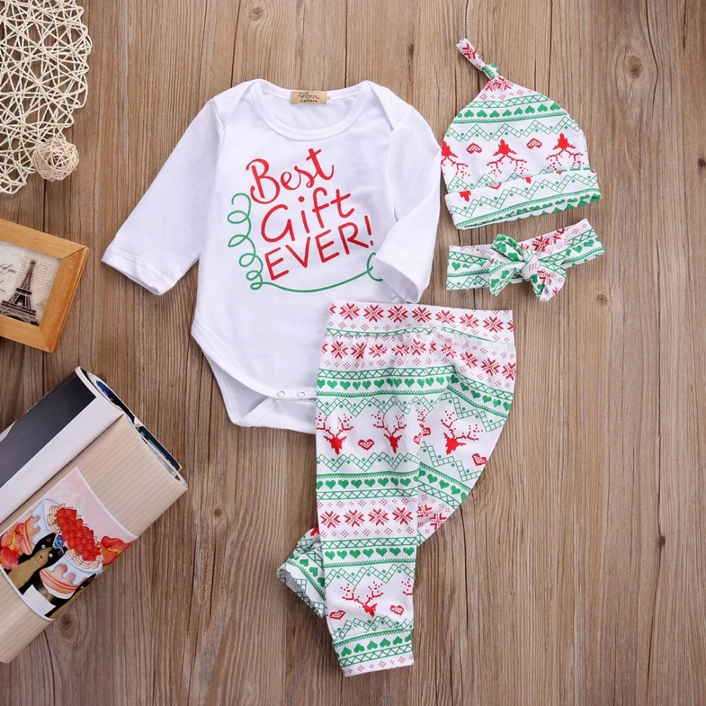 Baby 4PCS set Cute Newborn XMAS Christmas Clothes Outfits Long Sleeve