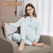 QIANXIU зимний пижамный комплект женский кардиган утолщенная теплая фланелевая Домашняя одежда женский v-образный вырез с длинным рукавом Повседневная Пижама femme