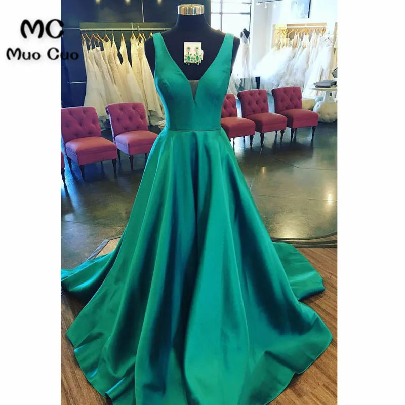 

2018 Teal Prom Dresses Long Deep V-Neck Sweep Train Tank A-Line Gown Formal Aqua Teal Evening Party Dress for Women Custom Made