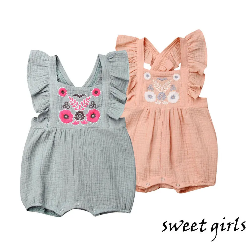 

Toddler Baby Girls Ruffle Sleeveless Romper Flower Embroidery Backless Cross Strap Sunsuit
