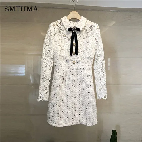 SMTHMA высококачественное Роскошное дизайнерское белое твидовое платье для женщин, кружевное лоскутное платье с бантом и бриллиантами, Платья для вечеринок, женские платья - Цвет: Photo Color