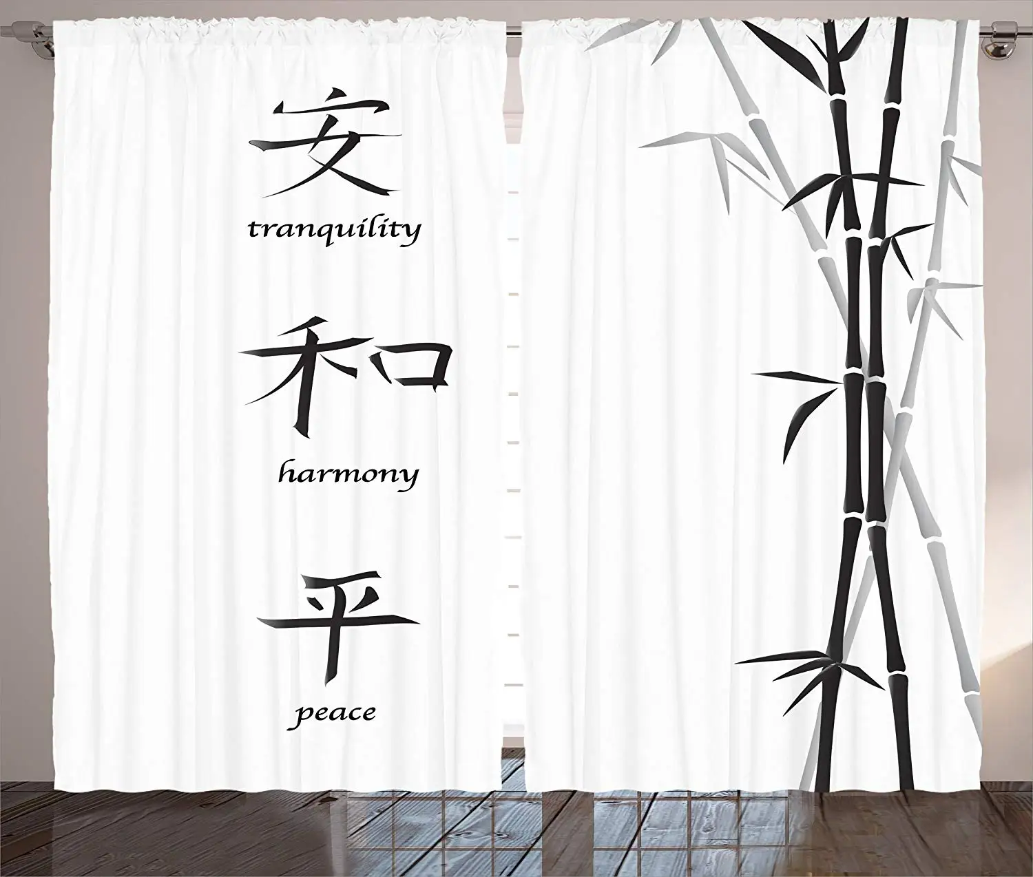 Bamboo House Decor Curtains Illustration of Chinese Symbols for Tranquility Harmony Peace with Bamboo Living Room Bedroom