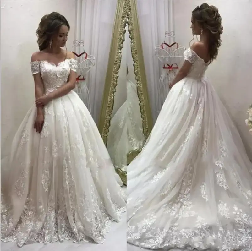 

Elegant African Plus Size Wedding Dresses 2019 A-Line Off the Shoulder Short Sleeves Lace Bridal Gowns