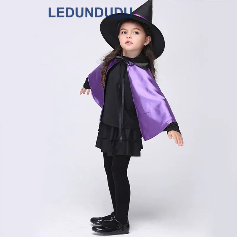 Kids Purple Witch Cosplay Costume with Hat Children Halloween Party Holiday Performance Clothes Girls Black Magic Witch Dress (2)
