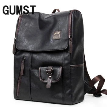 

GUMST High Quality PU Leather Mens Backpack Famous Brand Casual Men Laptop Bags Backpack Black School Travel Backpack