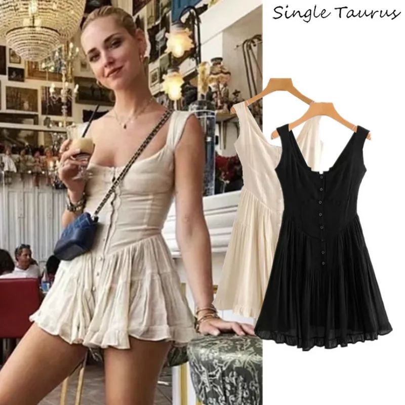 

Sleeveless Tank Dress Women Single Button Fashion White Black High Waist Mini Dresses Woman Party Night Sweet Style Short Dress
