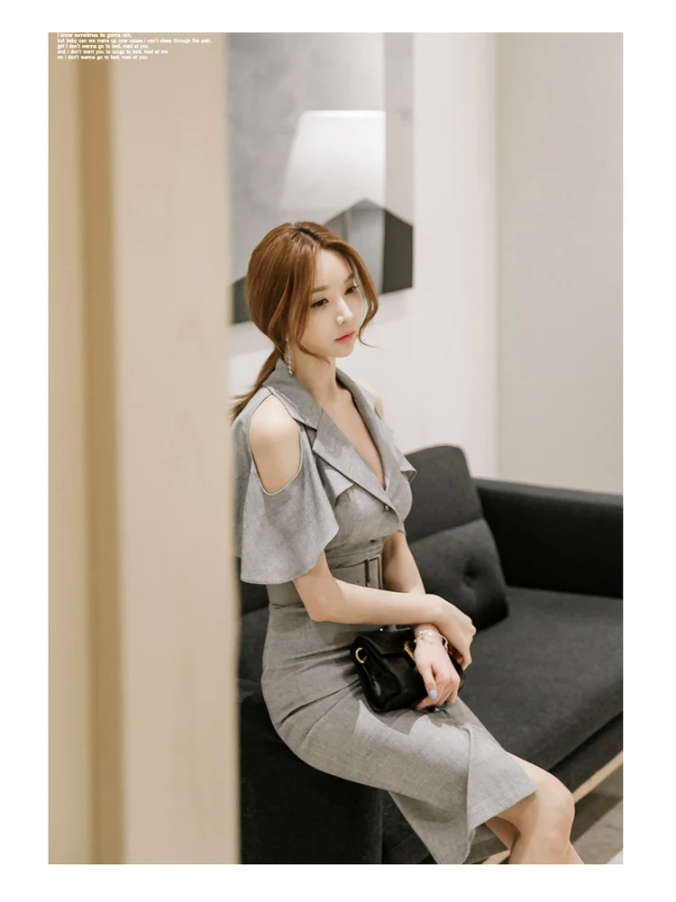Корейское летнее женское офисное платье ol, модное деловое серое платье с открытыми плечами и рукавом-бабочкой, женское офисное платье с зубчатым воротником
