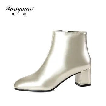 

fanyuan Fashion Zipper High heel Ankle Boots Autumn Winter Boots Women shoes elegant Gold silver Square Toe Western Boots