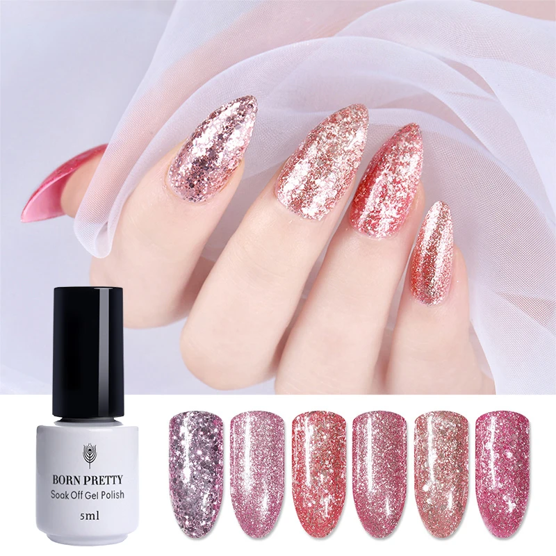 BORN PRETTY Rose Gold Nail Glitter Polish Shining Colors Soak Off UV ...