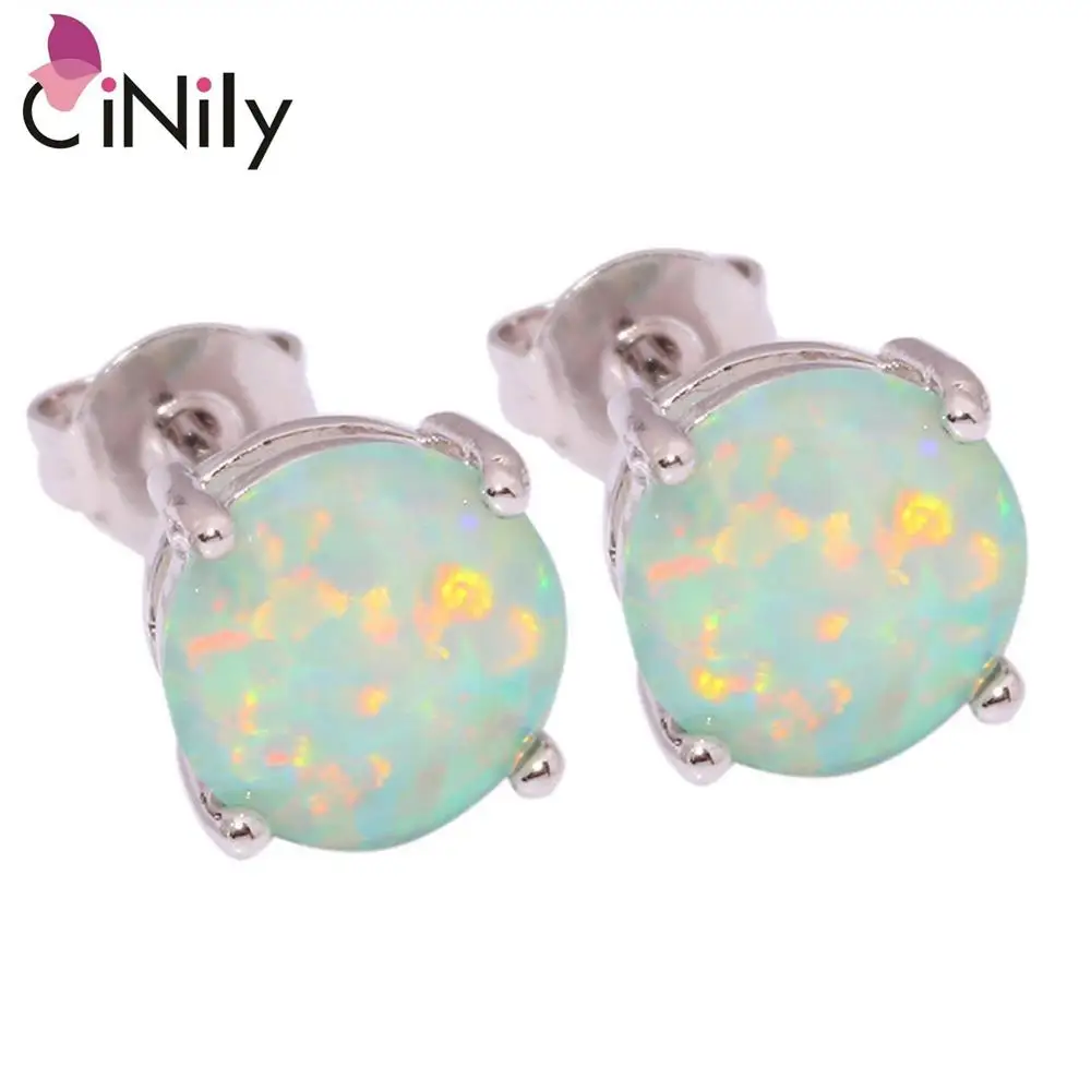 CiNily Created Green Fire Opal 8mm Silver Plated Earrings Wholesale