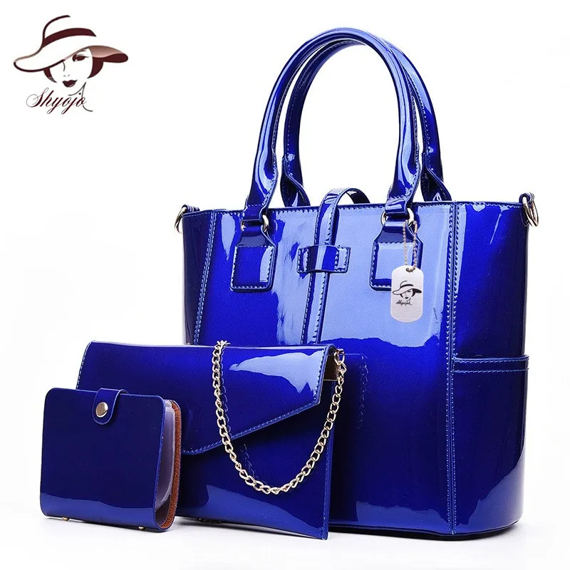 Patente de Couro Bolsa do Mensageiro e Cartões Nova Feminino Composto Bolsa 3 Conjuntos Famosa Marca Designer Ombro Senhoras Carteira Tote 2019
