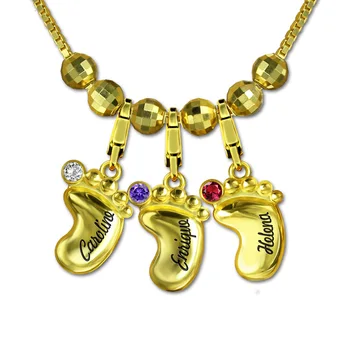 

Cute Women's Personalized 3D Baby Feet Necklace Custom Engraved Name Birthstone Necklaces Gold Chain for Mom Collier Ras Du Cou