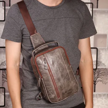 

High Quality Genuine Leather Men Crossbody Sling Day Pack Vintage Messenger Shoulder Bags Travel Real Cowhide Tide men Chest Bag