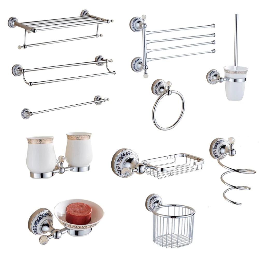 

Punch-free European Crystal SilverTowel Rack Set Toilet Brush holder Bathroom Shelf robe hook soap dish Hardware Pendant