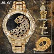 Хип-хоп Iced Out Full AAA кубический цирконий Леопард Роскошные Брендовые мужские часы крест и баскетбол кулон и золотое ожерелье комбинированный набор